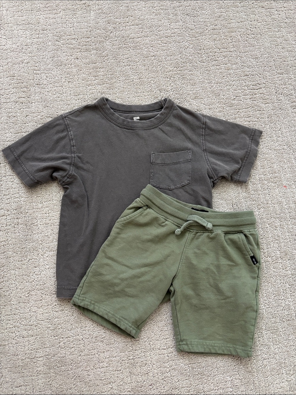 Kids Short Sleeve Pocket Tee & Drawstring Shorts Set - Olive Green & Charcoal